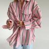 French Vintage Lapel Striped Shirt, Relaxed Style, Loose Casual Long-sleeve Shirt, Fashionable Versatile Color-block Cardigan