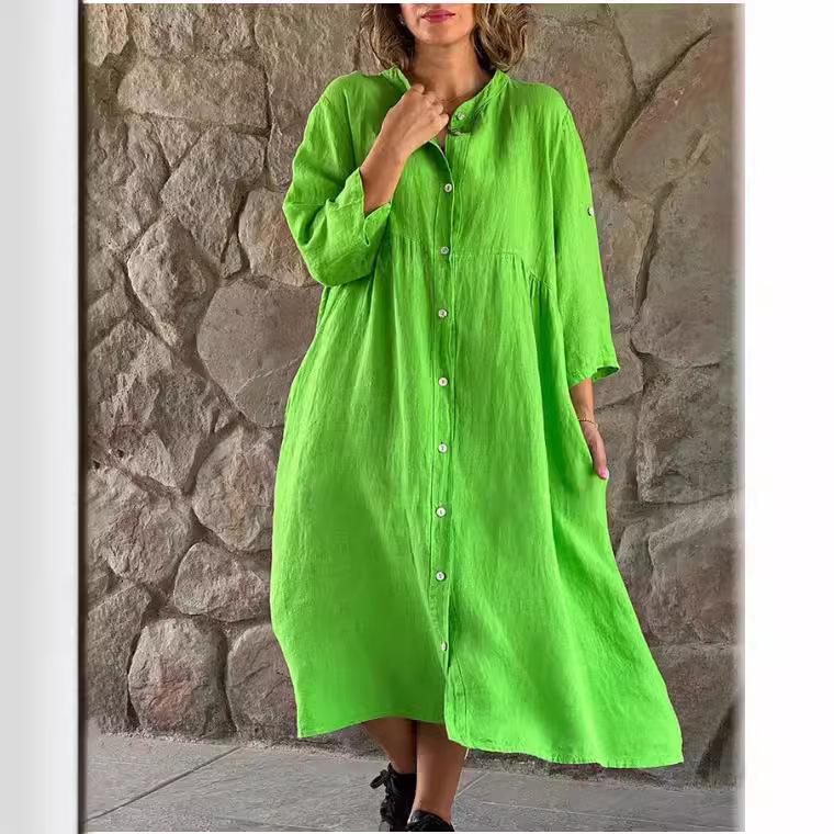 2023 Women's Cotton Linen Dress: Solid Color, Casual Stand-up Collar, Button-Down Long Dress