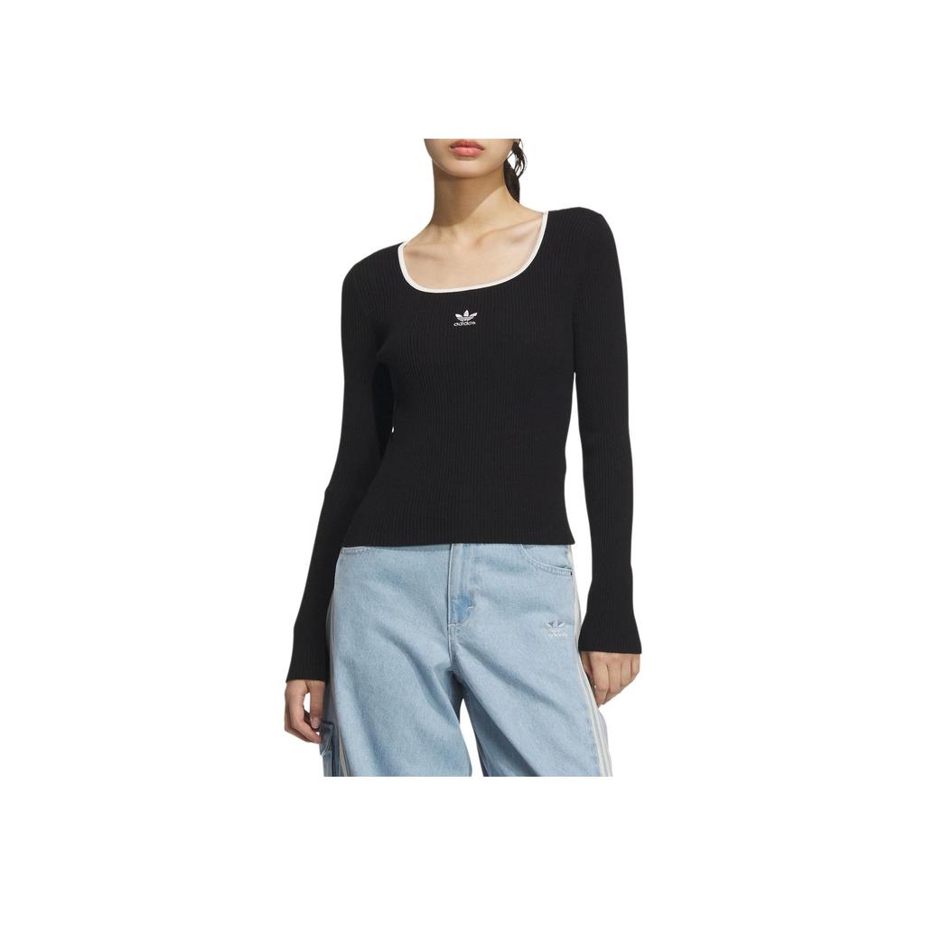 adidas Originals Adicolor Otoño Invierno 24 Colección Logo Ajustado Cuello Cuadrado Manga Larga Top de Punto Mujer tops Negro JM8052