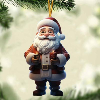 Yousheng Santa Claus Ornament 2D Acrylic Cartoon Santa Holding Gift Box Christmas Tree Ornament for Xmas Tree Holiday Home Decor