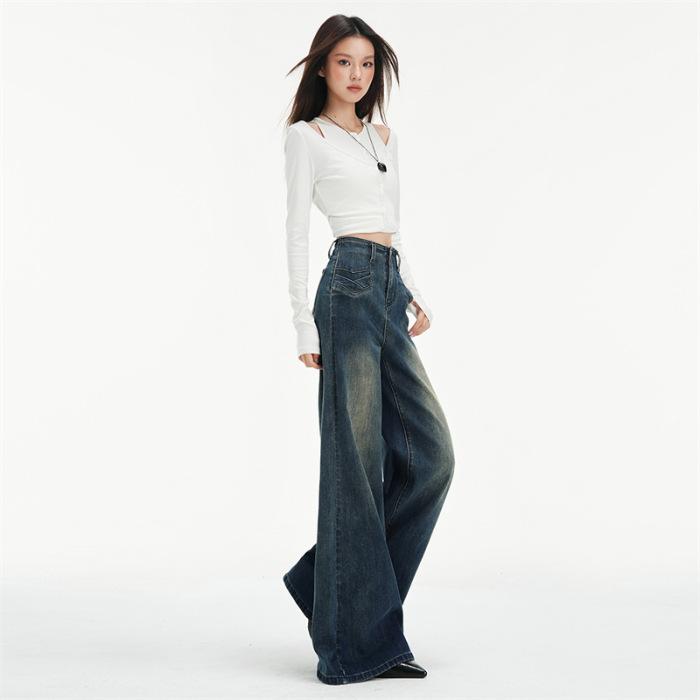 Retro blue high-waisted elastic micro-pull jeans women's 11-year autumn and winter explosion, thin hip-lifting floor pants