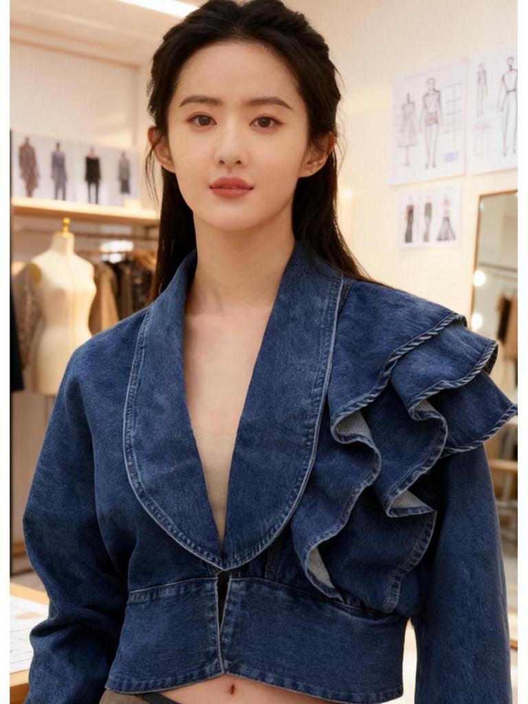 Korean-Style Ruffle Slim-Fit V-Neck Denim Jacket