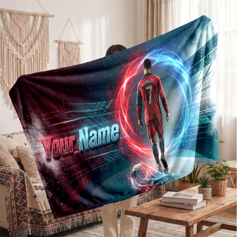 Cristiano Ronaldo Personalized Fleece Blanket With Football Logo, Custom Name Text Soft Warm Home Throw Blanket