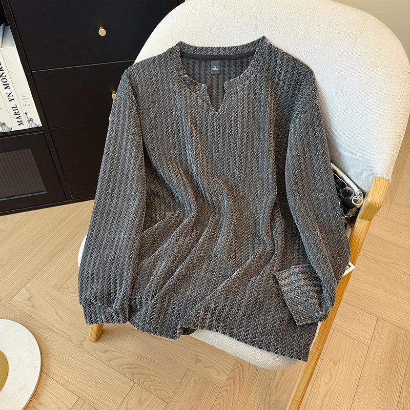 

3G 1% polyfiber, original long-sleeved t-shirt for men and women, thin autumn fish bone pattern small V-neck 2XL сірий колір