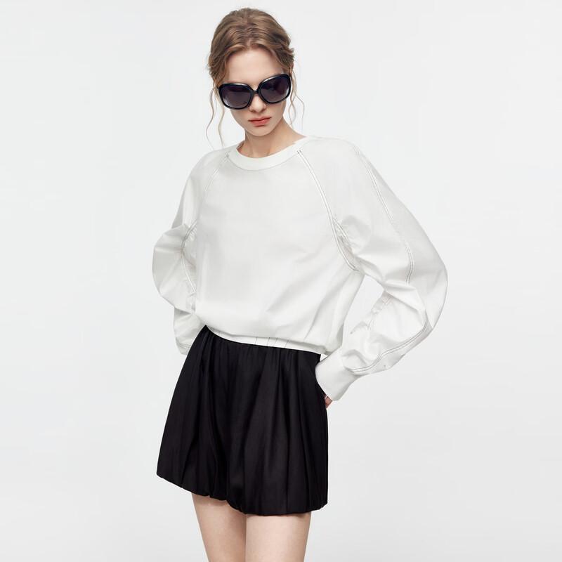 ELLE Women s Contrast Trim Round Neck Cotton Blouse S