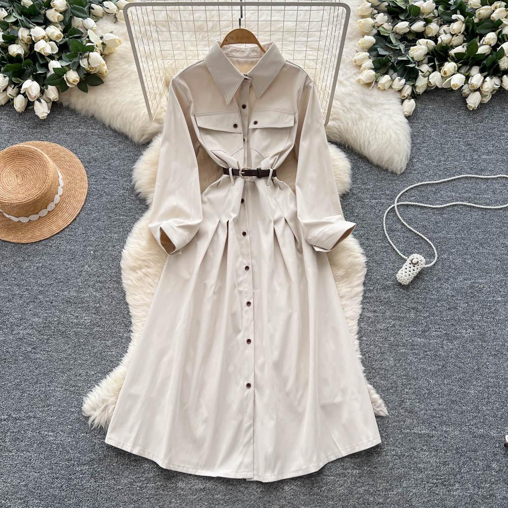 French Light Maturity Minimalist Retro Lapel Long Sleeve Single Button Waist Cinching Dress Women Autumn Slim Fit Elegant Maxi Dresses