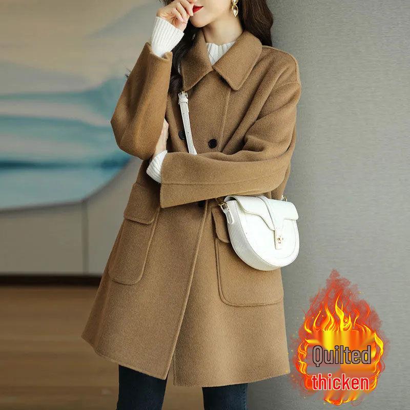 Women's Woolen Lapel Coat - 2025 Autumn/Winter Korean Style, Thickened, Slimming Mid-Length Overcoat