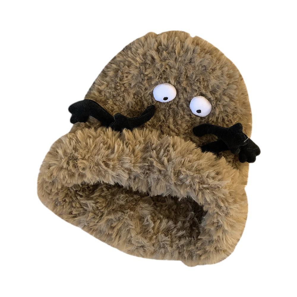 Japanese Cartoon Funny Plush Hat for Women in Autumn and Winter Maillard Cute Face Showing Small Thickened Warm Pile Hat Trendy