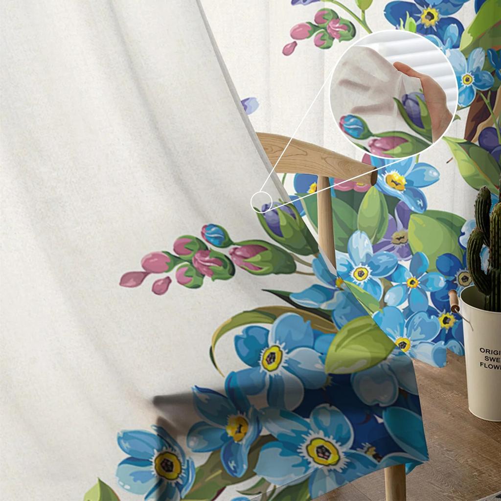 Blue Watercolor Flowers Sheer Curtains For Living Room Bedroom Tulle Curtain For Kitchen Voile Curtain Blind Panels