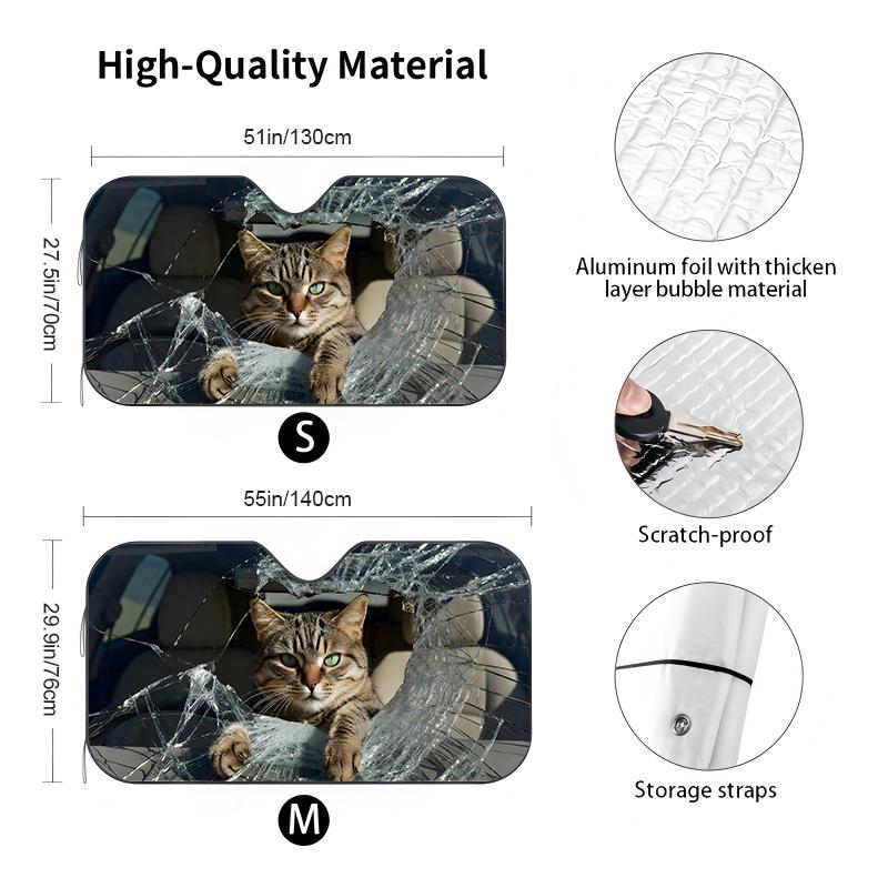 1Pcs Fun Cat Pattern Windshield Sunshade UV Rays Heat Blocker Keeps Vehicle Cool Unique Design Fit Sedans SUVs Trucks RVs