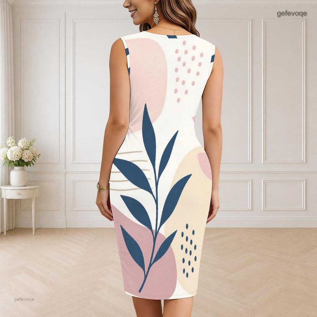 Women Plus Size V Neck Sleeveless Printed Bodycon Midi Dress