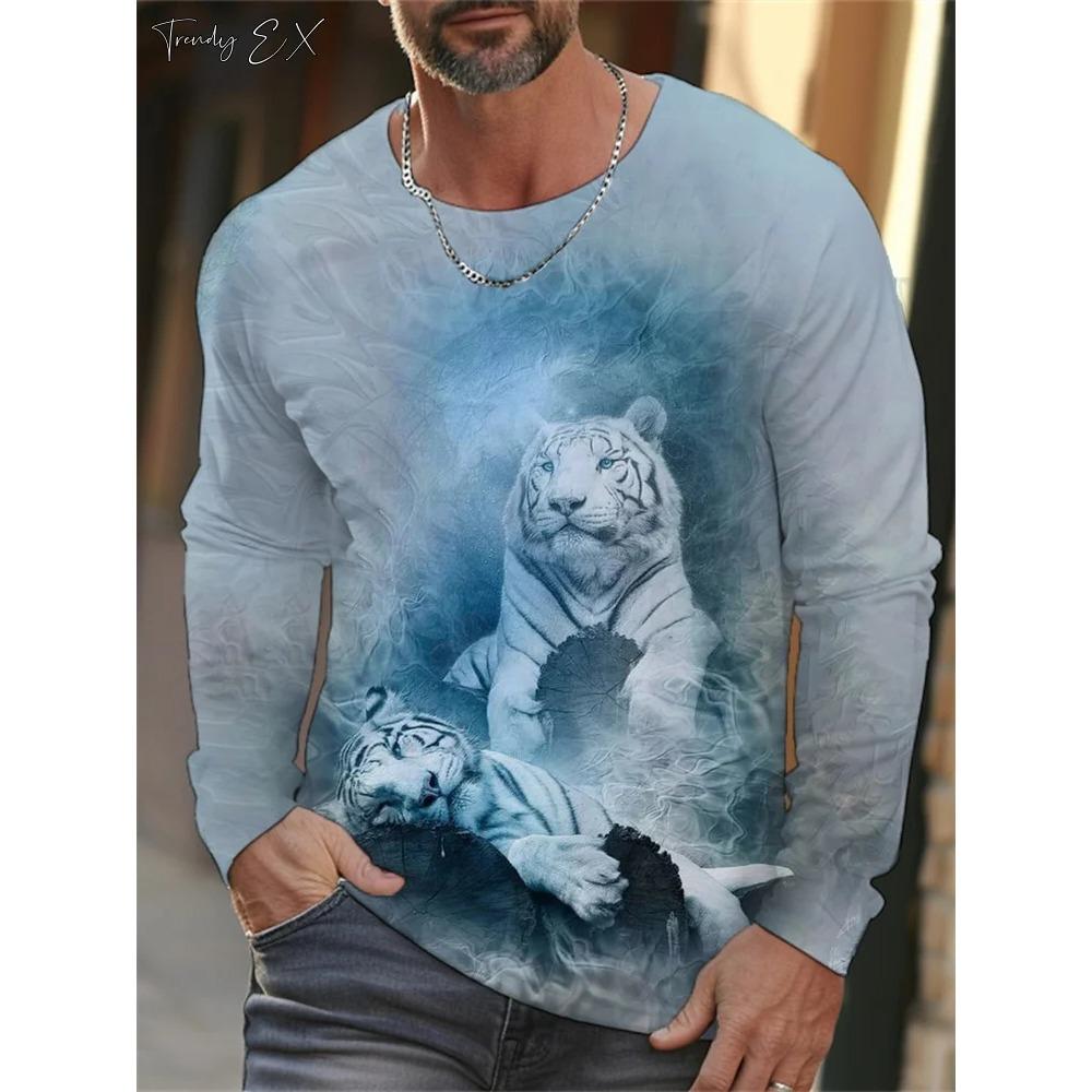 Hot selling 3D tiger print men's street trendy round neck long sleeved T-shirt