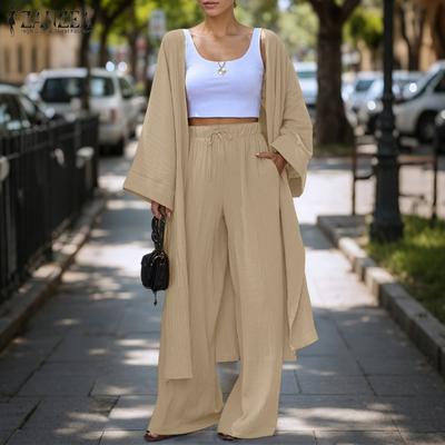 Women Long Kimono Cardigan and Pants Casual Two Piece Suit Sets