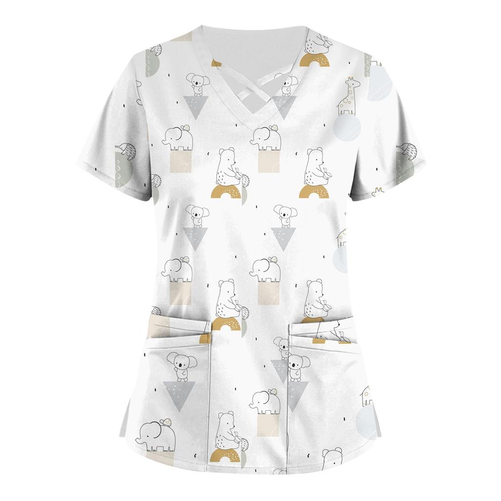 Roztomilé pracovní uniformy s potiskem plus size pro ženy Trička s překříženým výstřihem do V Krátký rukáv Zábavná trička Pracovní oblečení Tričko s kapsami