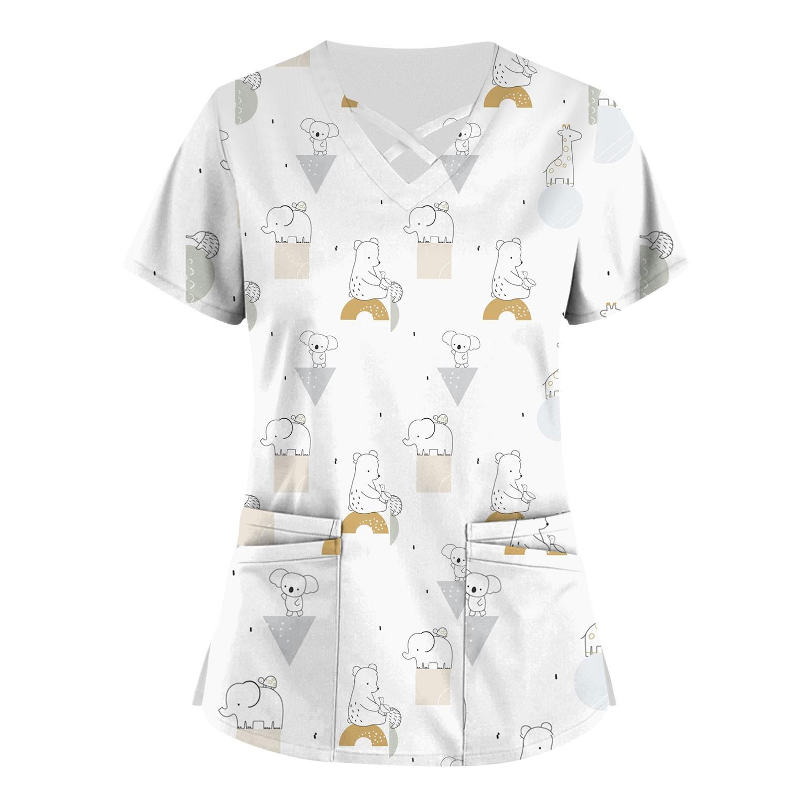 

Робоча уніформа великого розміру з принтом і принтом. Топи для жінок з хрестовим V-подібним вирізом і короткими рукавами Веселі футболки Робочий одяг Футболка з кишенями XL білий