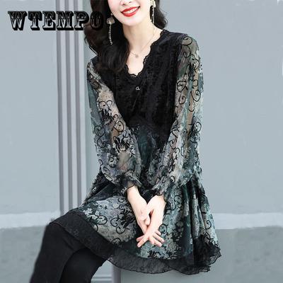 Chiffon Shirt Women's Spring and Summer New Fashion High-end Temperament Velvet Stitching Loose Large Size Retro Printed Top