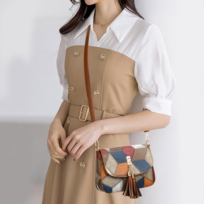Fashion Tassel Decor Shoulder Bag Handbag and Purse Color Clash Women Crossbody Bag Patchwork Luxury Brand CLE