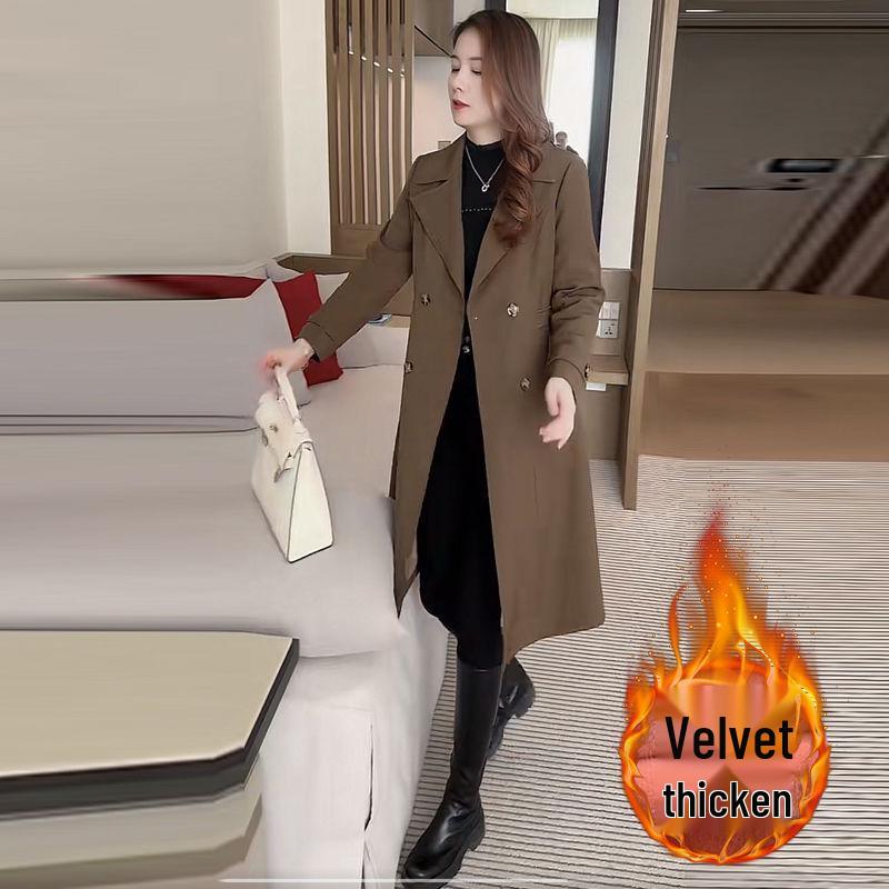 

Жіночий вітрозахисний плащ середньої довжини на флісовій підкладці - Осінньо-зимовий корейський стиль, пальто з коміром-стійкою XL for 112-123 lbs