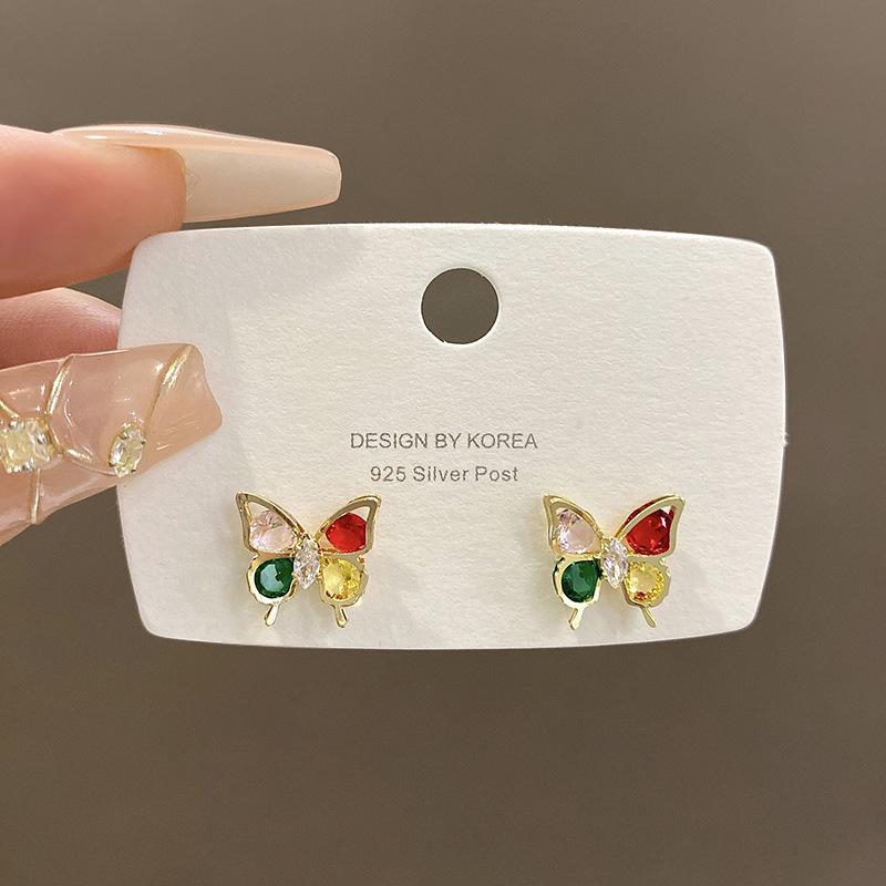 Silver needle colored butterfly zircon stud earrings women's small temperament earrings super fairy Internet celebrity earrings
