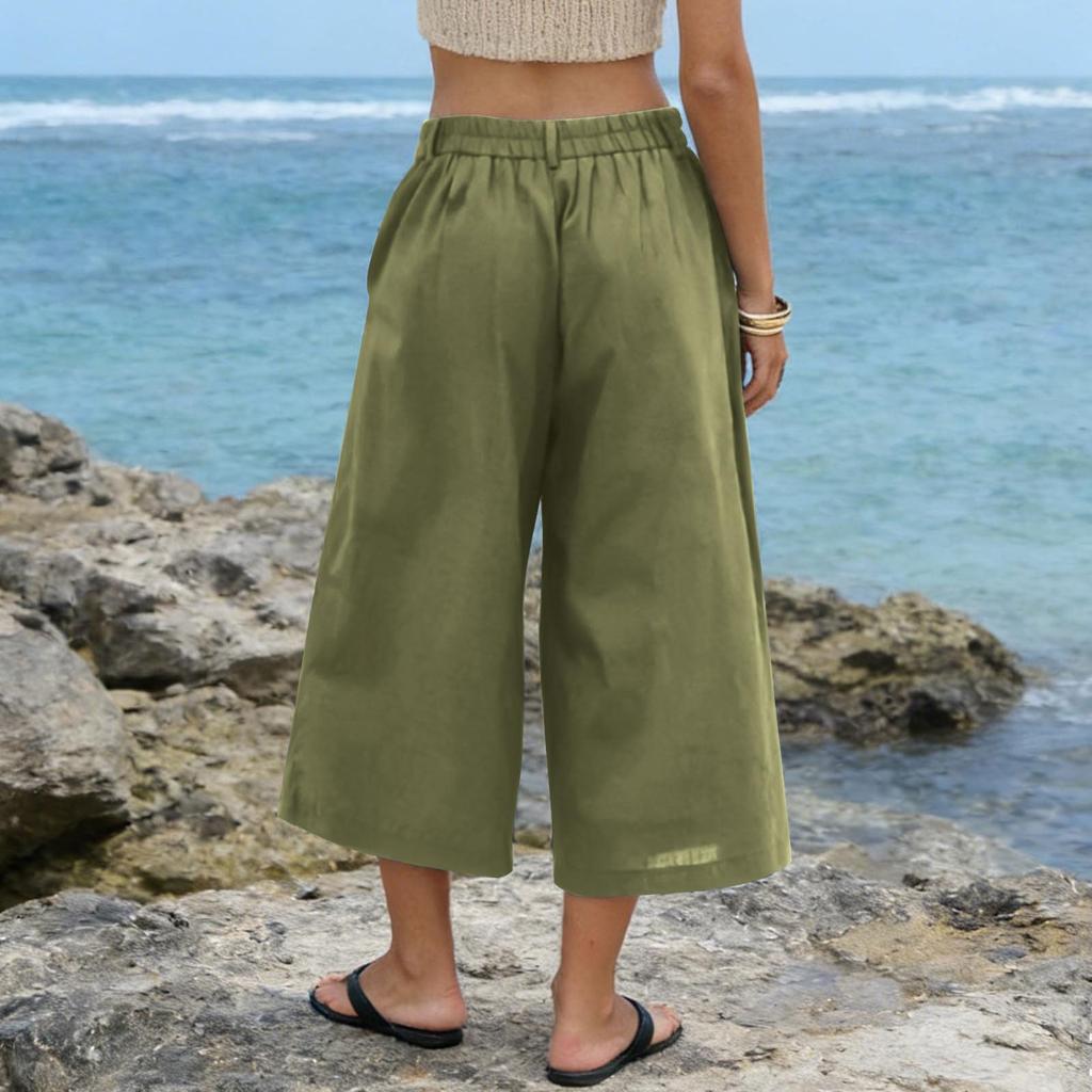 Women’s Casual Loose Fit Cropped Pants with Pockets Relaxed Mid Waist Wide Leg Seven Quarter Length Trousers for Everyday Wear