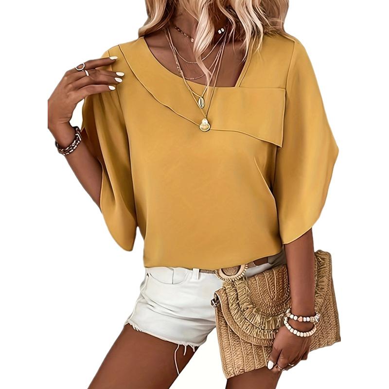 Camicetta semplice con collo asimmetrico solido, camicetta elegante a mezza manica per la primavera e l'estate, abbigliamento da donna