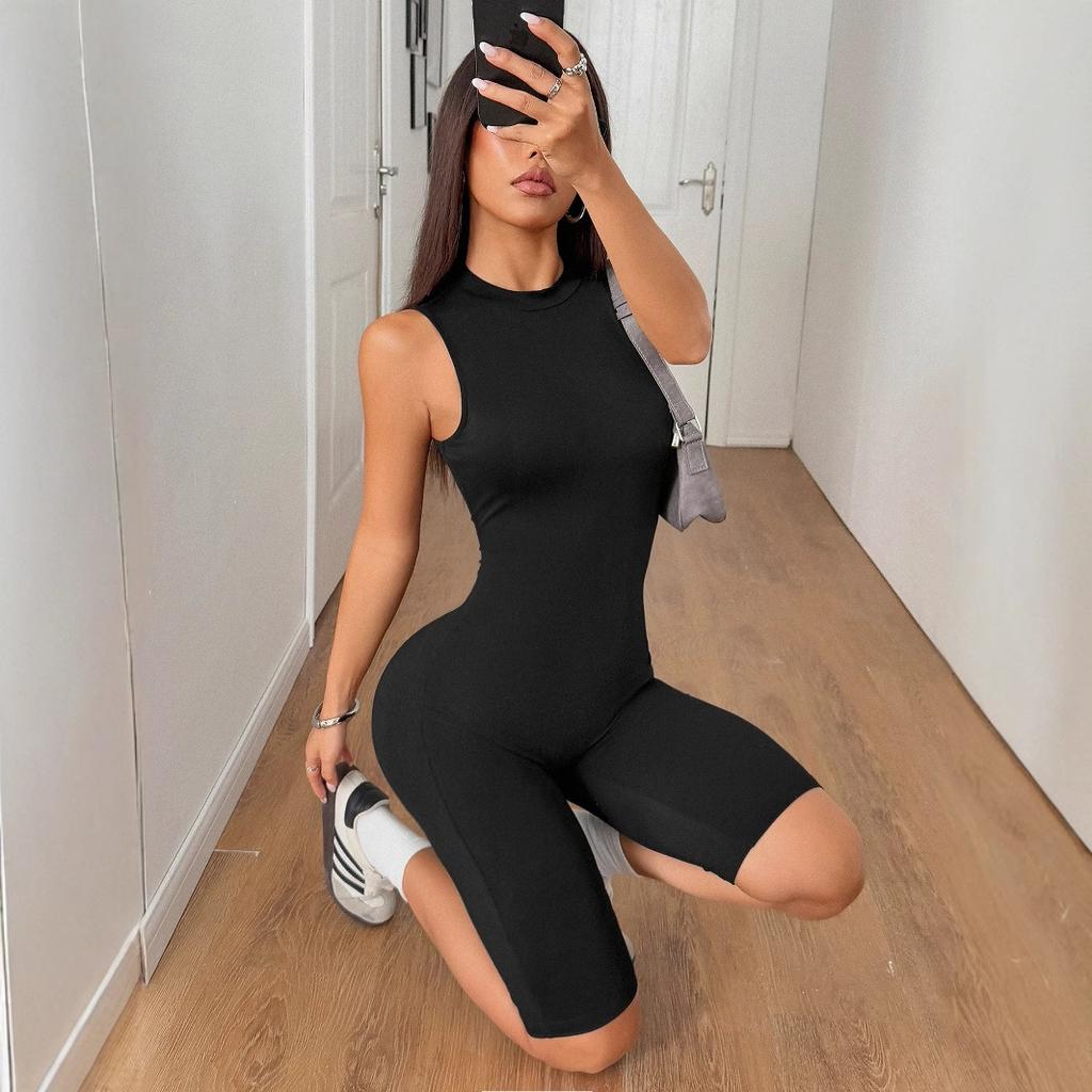 Women's Spring and Summer Yoga Sports Style High-elastic Solid Color Short Jumpsuit