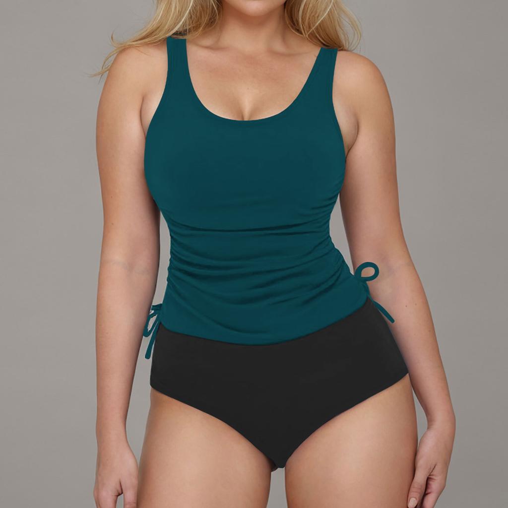 2026 Drawstring Tankini 2 Pieces Swimsuit Women Printed Swimwear Female Solid Bathers Bathing Swimming Swim Suit Beachwear XXL