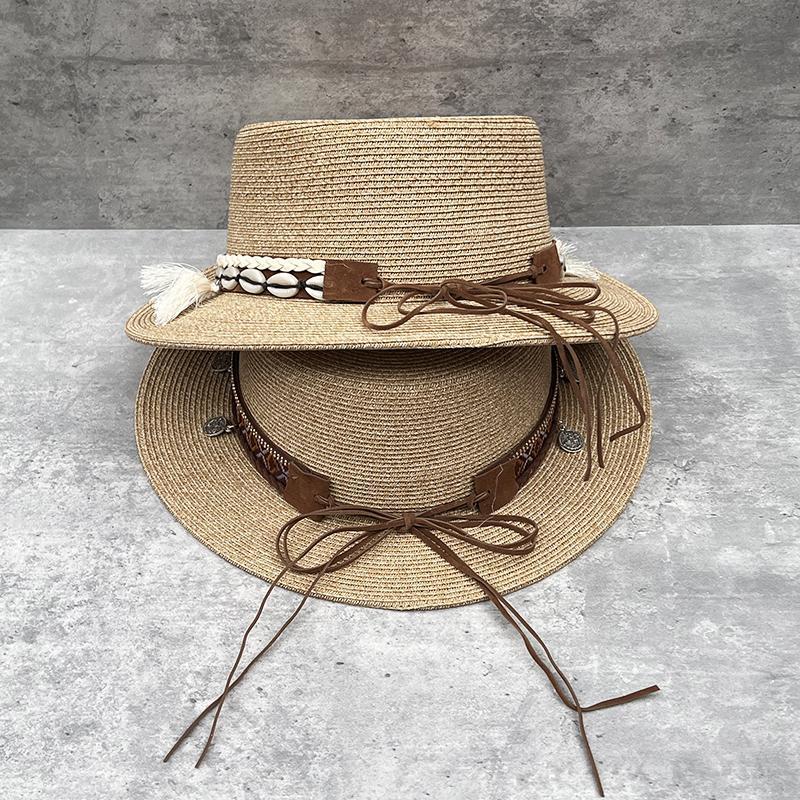 Ethnic Style Short Brim Flat Top Straw Hat Women'S Summer Travel Vacation Bohemian Flat Edge Visor Top Hat