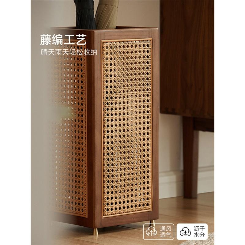 Chinese Style Solid Wood Rattan Umbrella Stand Freestanding Entryway Umbrella Storage Bucket