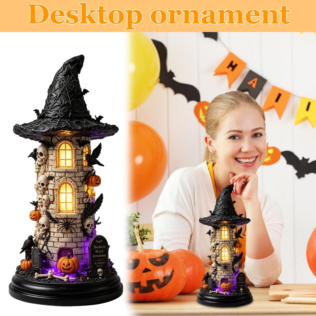 Glowing Skeleton Witch Statue Halloween Decoration Light-Up Skeleton Figurine for Home Decor