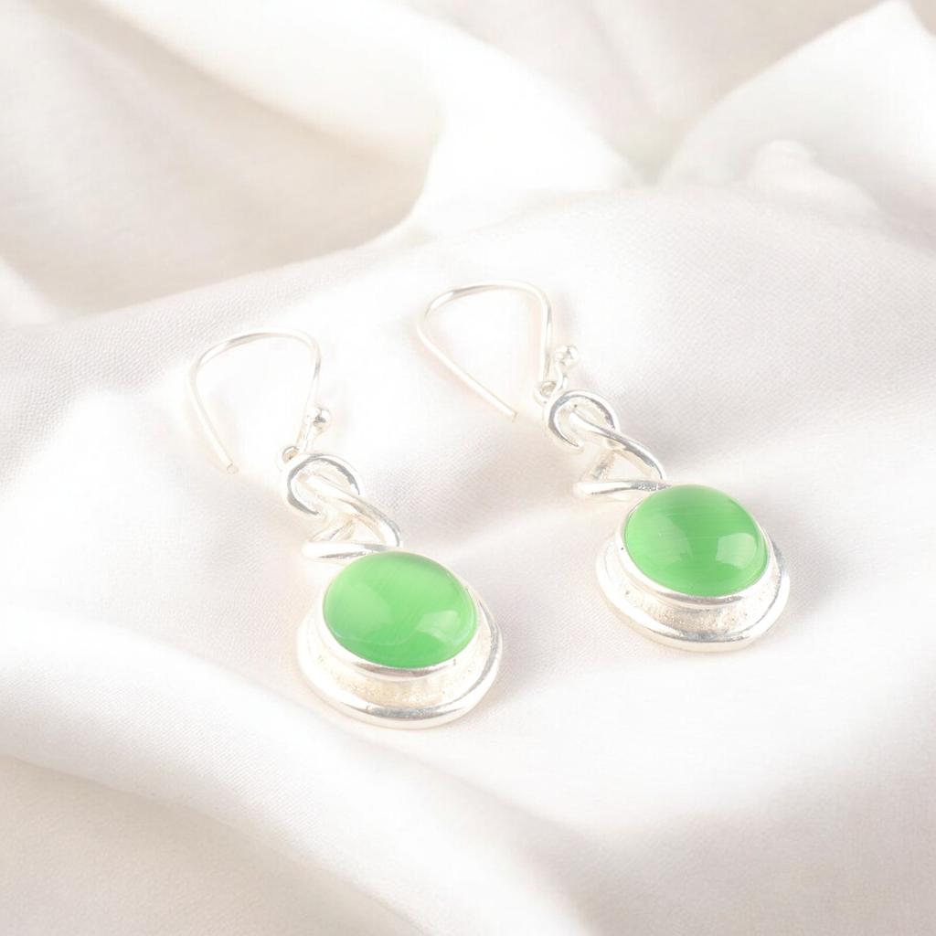 Green Cat's Eye Gemstone 925 Solid Stamped Silver Drop Dangle Earrings For Her CE-14-31