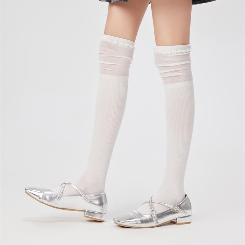 Solid Color Stretch Ruffle Trim Over Knee Long Socks for Women Japanese Student Sheer Mesh Splicing Thigh High Stockings