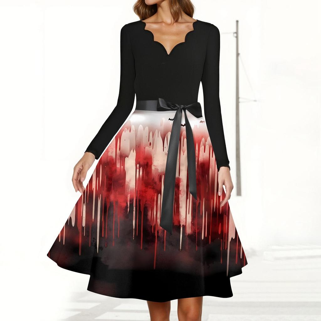 Halloween Print Flare Dress For Women Long Sleeve Dress Hollow Party Casual Dresses