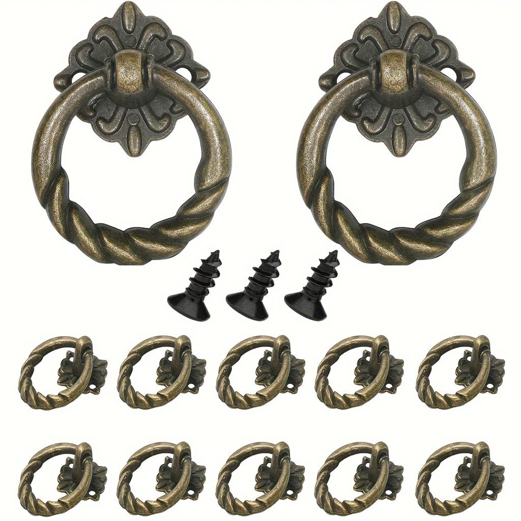 12 stk Bronse Flower Hengende Ring Skuffetrekk, Kompakte Vintage Skap Ring Knotter, Europeiske Runde Møbel Trekker, Metall Skuff Ring Knotter