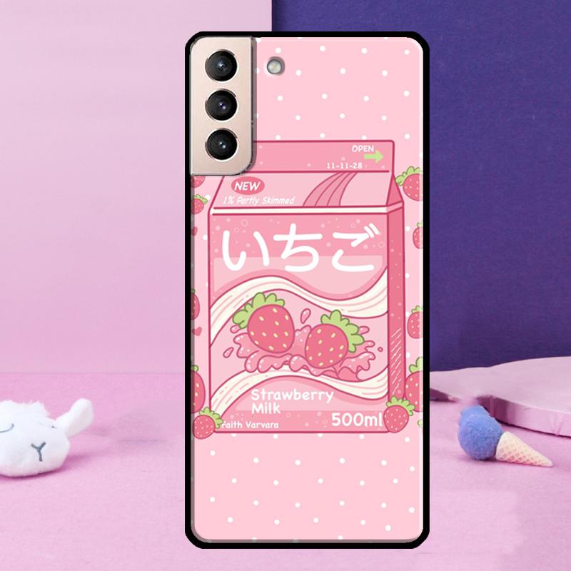 Kawaii Strawberry Milk Phone Case For Samsung Galaxy S25 Ultra S24 S23 Ultra S9 S10 S20 S21 S22 Plus S24 FE Cover
