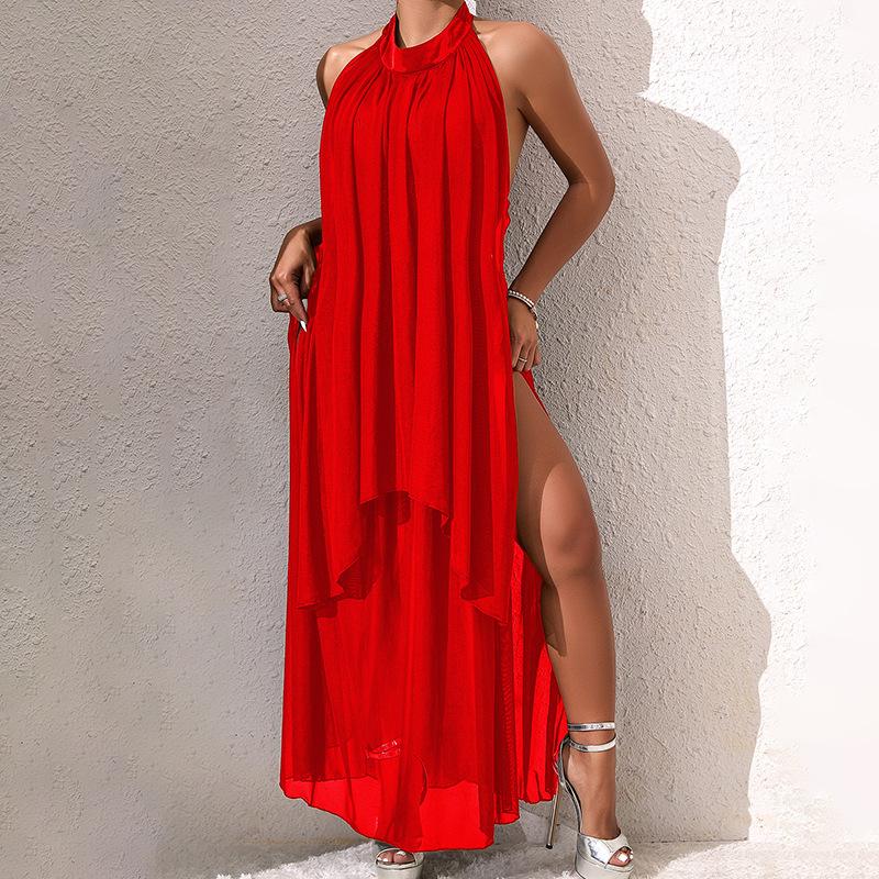 Halter Backless Mesh Nightgown Solid Color Sheer Sexy Women's Loungewear 907 Elegant Daring Sleepwear with Classic Halter Neckline