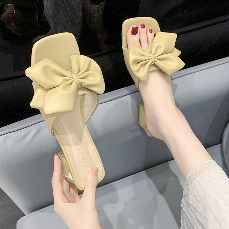 Mode Bogen Mid Heels Frauen Hausschuhe Sommer Neue Trend Designer Sandalen Chunky Schuhe Damen Kleid Flip -Flops Frauen Folien