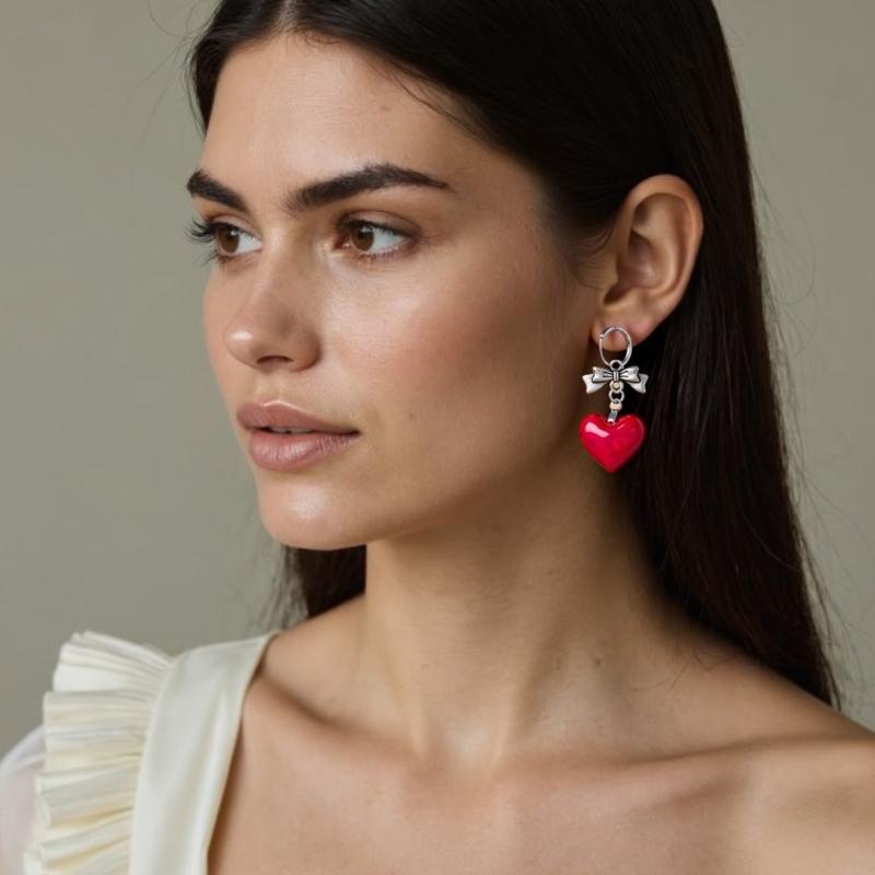 Unique Dark Theme Heart Studs Earrings with Bowknot Details Lightweight Comfort Hypoallergenically For Sensitive Ears