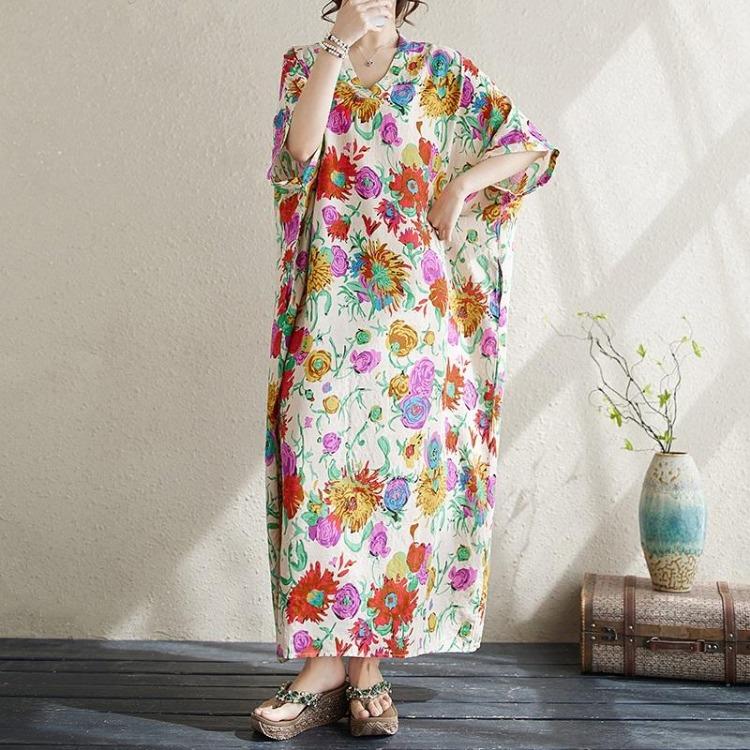 Vintage Floral Summer Dress Long Maxi Casual Loose Dresses for Women Plus Size Cotton Short Sleeve New In