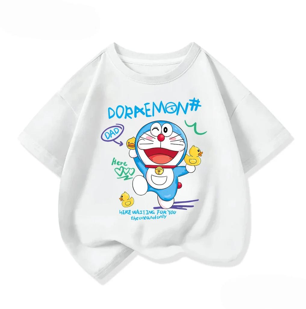 Summer Children Crew Neck T Shirt Fashion Cartoon Print Cute Street Style Tops Doraemon Boys Girls Outfit 314Y