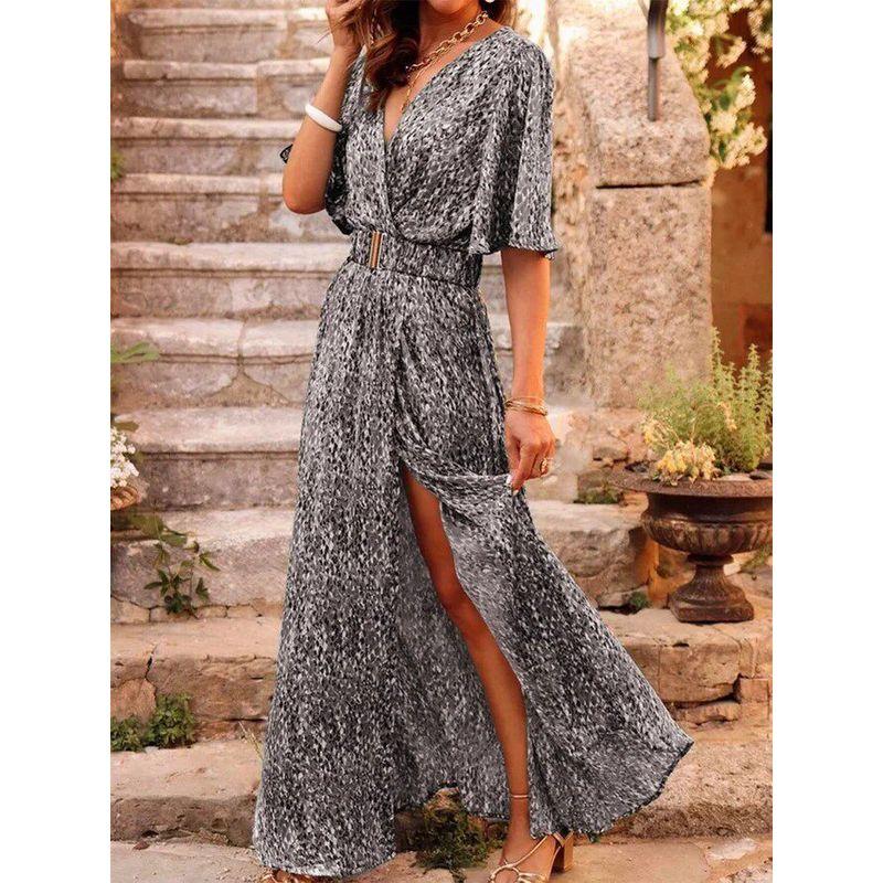 

2023 Cross-Border New Spring/Summer European and American Style Printed Slimming Waist-Mid-Length Dress Elegant Short-Sleeve Dress Gray S
