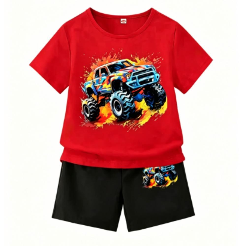 Cartoon Car Print Outdoor Street Kids T-shirt and Shorts Summer Home Casual Outfit Boy and Girl's Sports Set