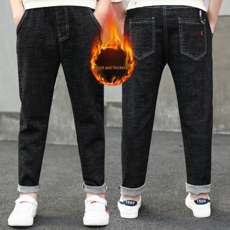 

Джинсы для мальчиков на флисовой подкладке 2025: Цельные осенне-зимние брюки для детей Height 160cm