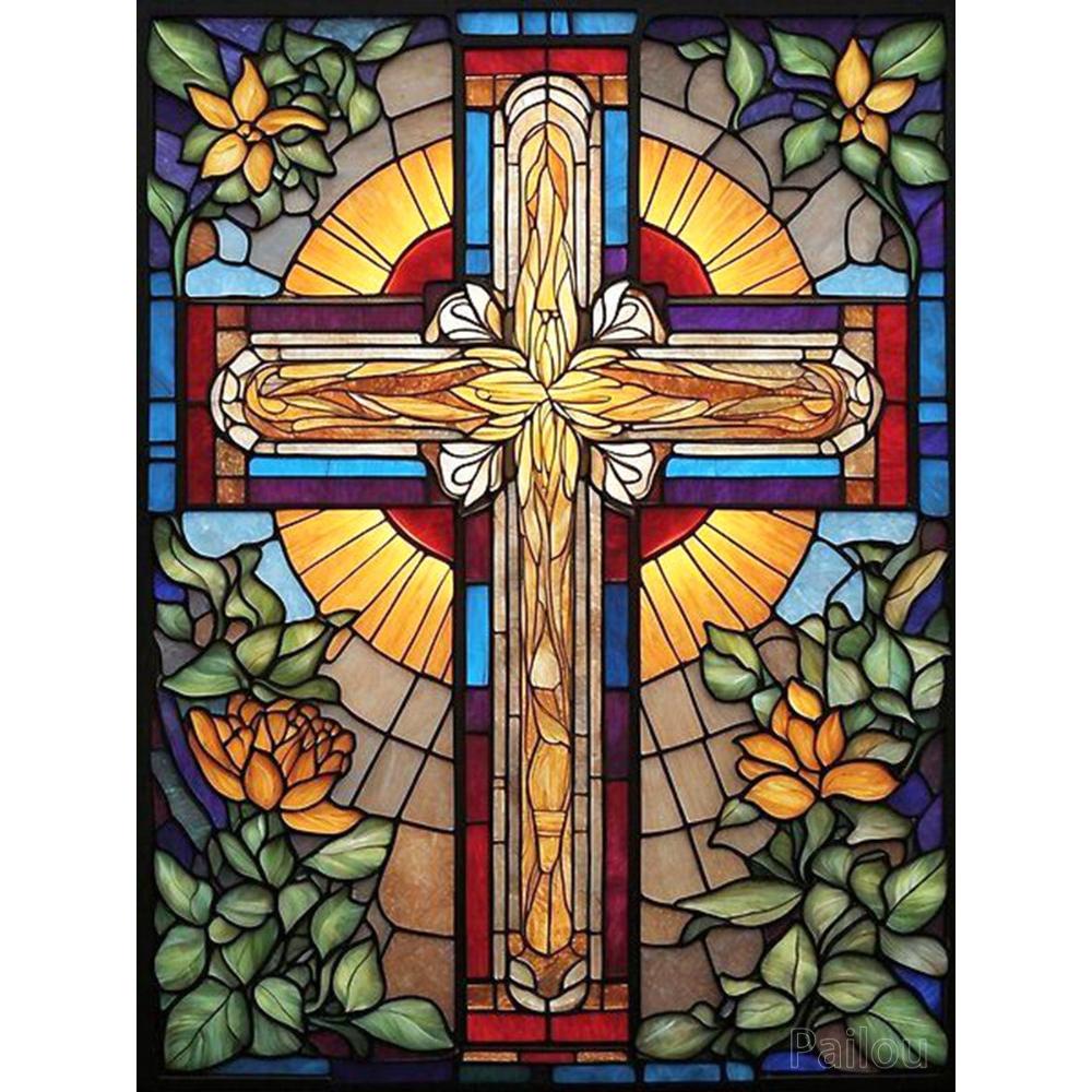 Jezus Chrystus Sztuka Witrażowa DIY 5D Malowanie Diamentowe Religijny Święty Krzyż i Maryja Dziewica Mozaika Haft Krzyżykowy Prezent Wystrój Domu