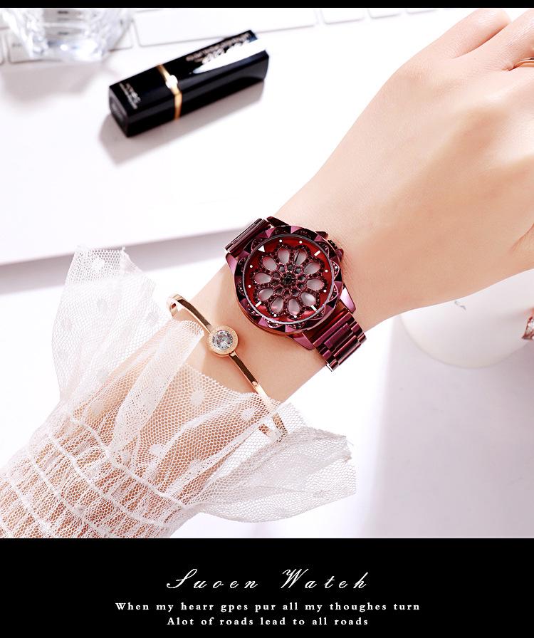 GEDI Luxusní dámské módní hodinky s diamanty, vodotěsné, s otočným rámečkem a páskem z nerezové oceli