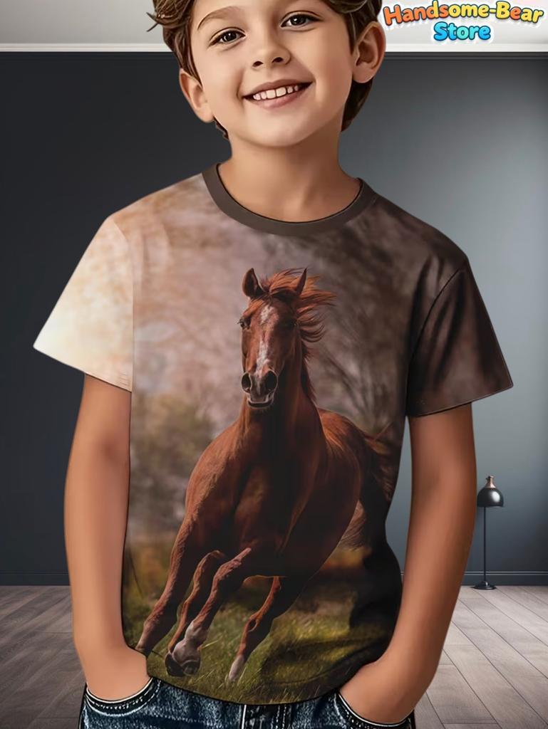 Children's Clothing Boys T-Shirt 3D Horse Print Short Sleeve Fashion Kids Summer Clothes Casual Child Girls Clothing O-Neck Tops