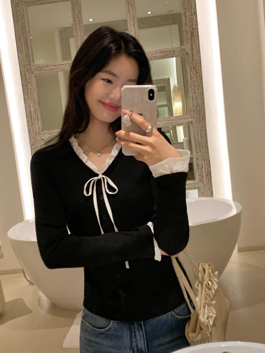 

Strap bow design knitted sweater women s autumn and winter new ruffle edge button front shoulder long sleeve T-shirt women l [recommended 57.5-62.5kg ] чорний