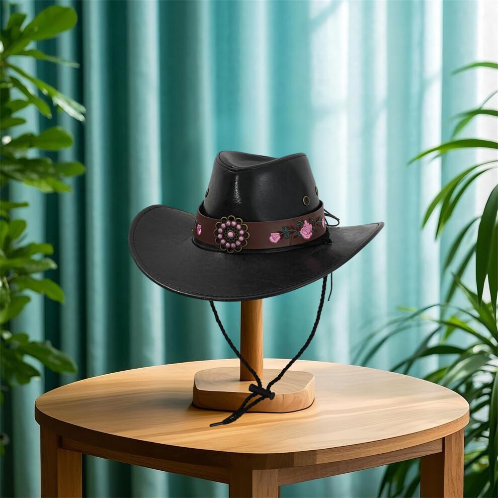 (One Size, Brown) PU Cowgirl Hat Western Style Sun Hat Stylish Retro Decorative Belt Wide Brim Jazz Cap