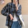 Retro Plaid Shirt Plain Tops Spring Autumn Lapel Long Sleeve Shirts Women Chic Loose Blouse Asian Size
