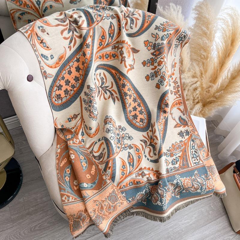 Ethnic Printed Faux Cashmere Scarf Winter Warm Thick Shawl For Women